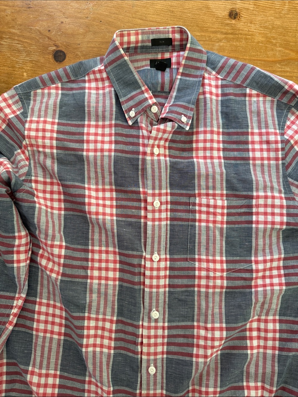 Men's J Crew Button-Down Irish Linen Plaid Shirt - Red & Blue